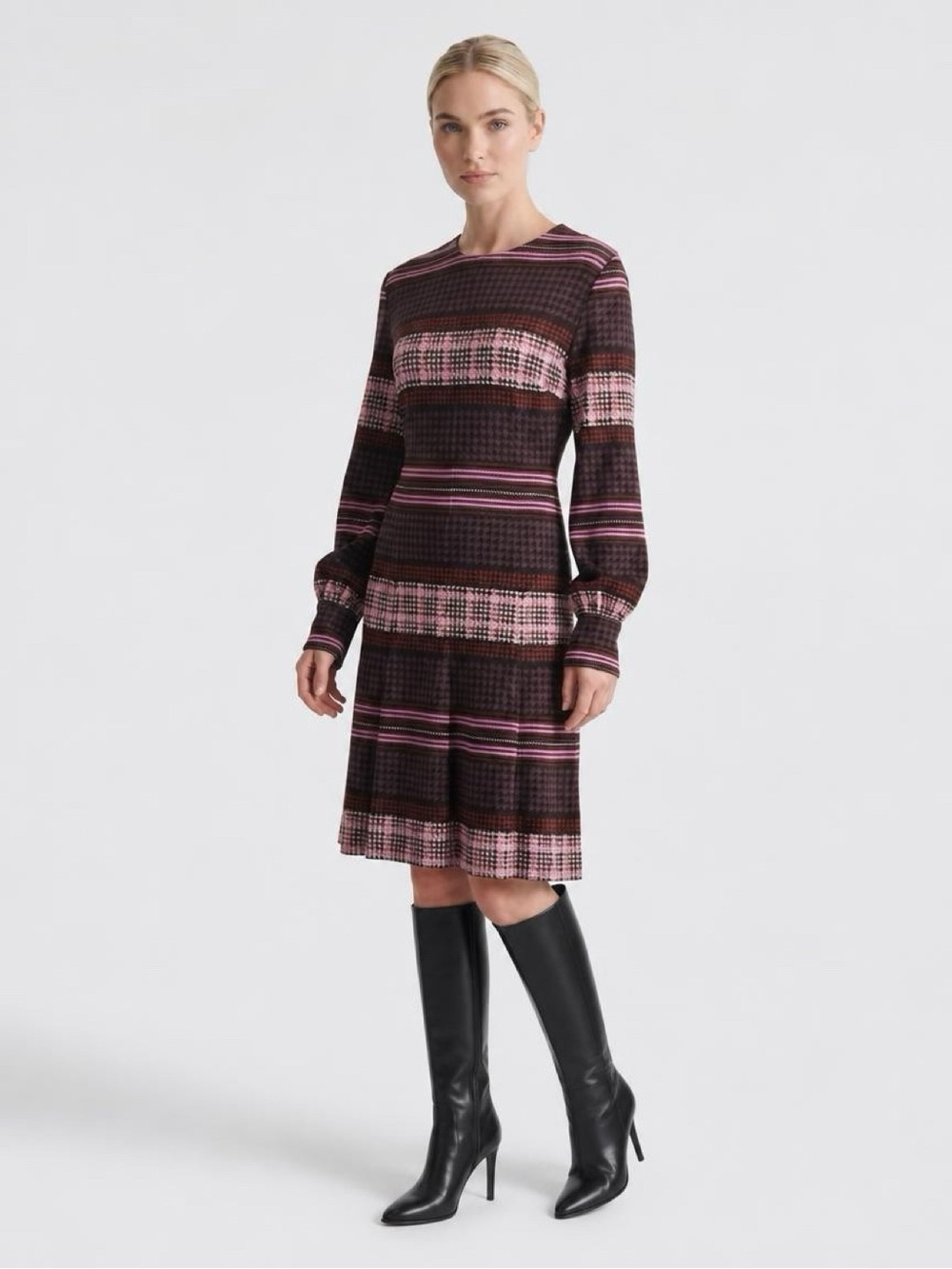 Donna Morgan NWT Size 16 Multicolor Plaid Stripe Long Sleeve Dress